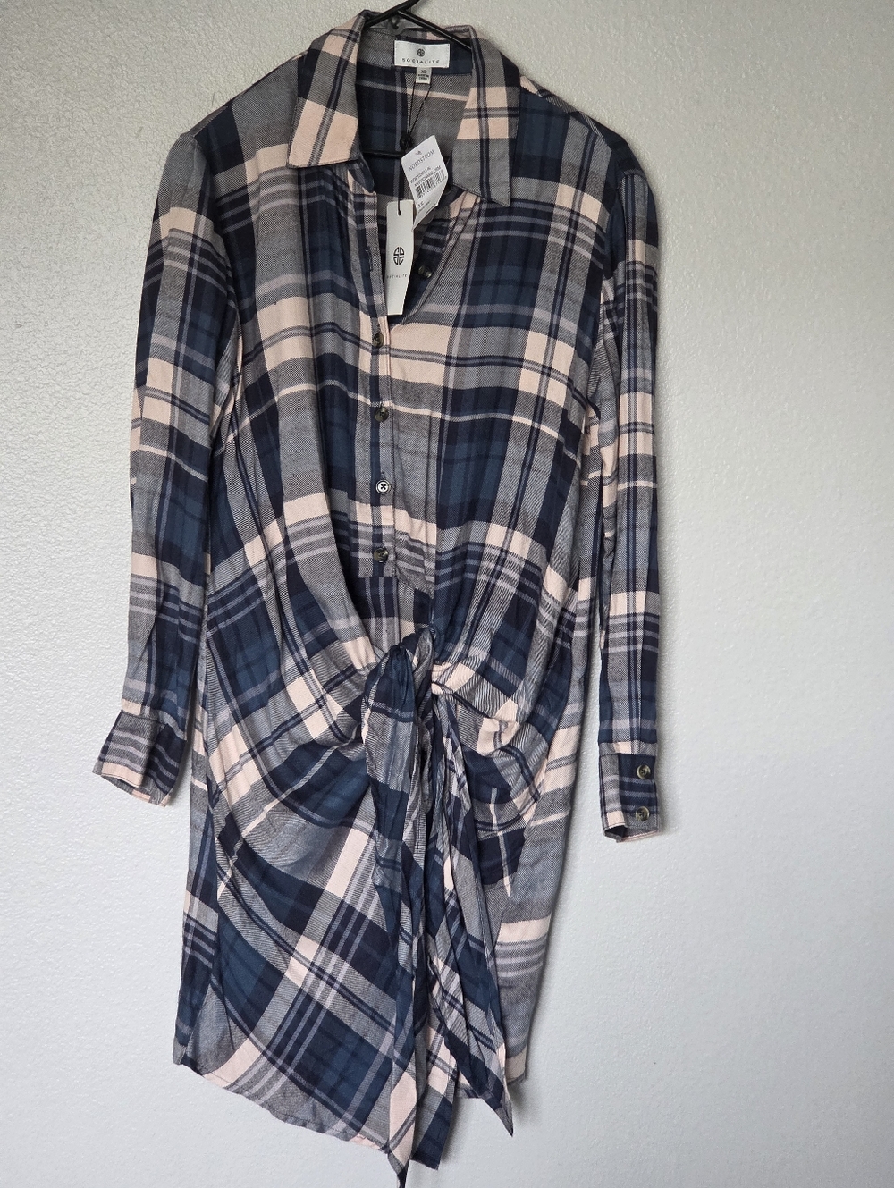 Socialite navy and pink plaid button-down long-sleeve shirt Dress